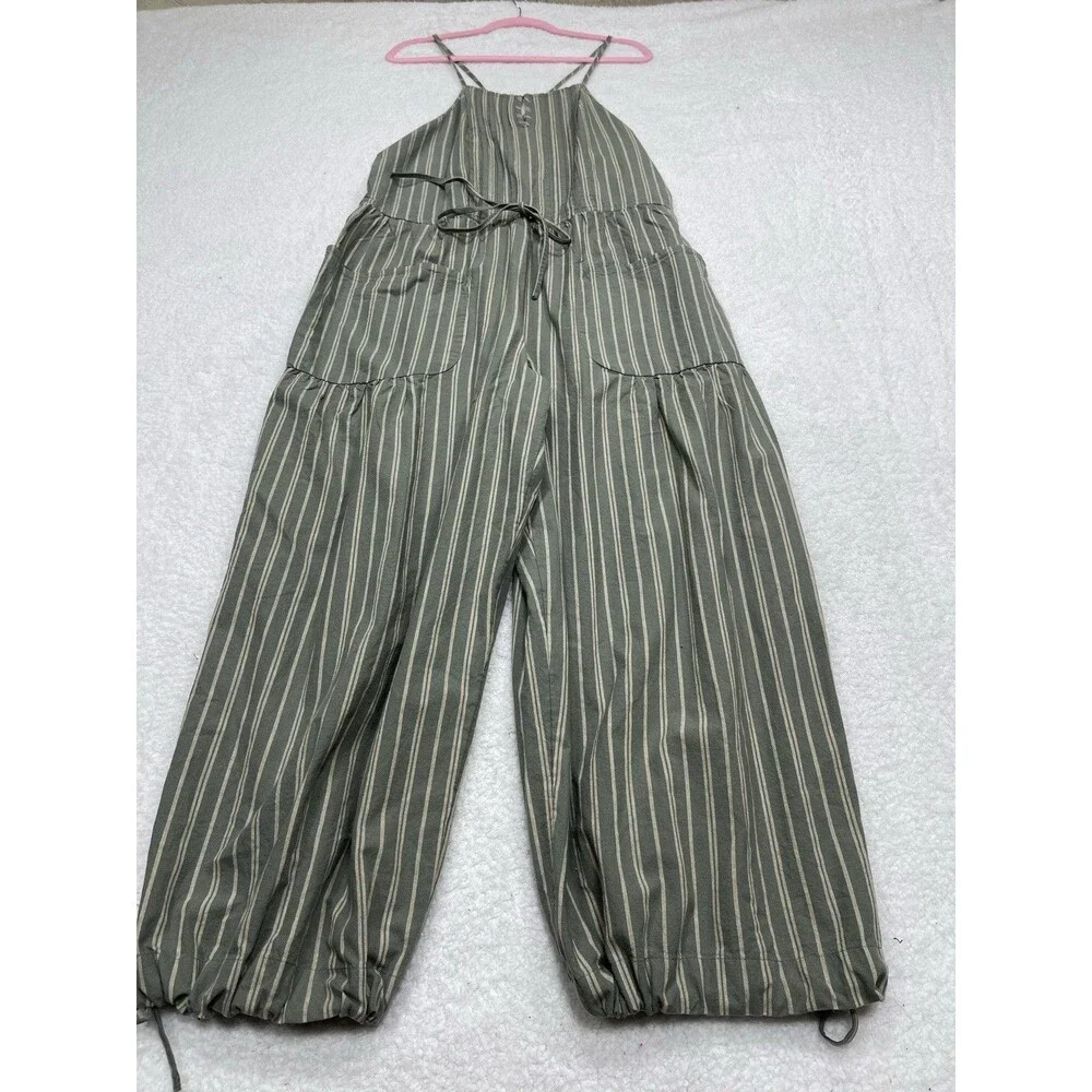 Free People Jumpsuit Women Gray Stripe Cotton Verona Bare Boho Retro Size XL New